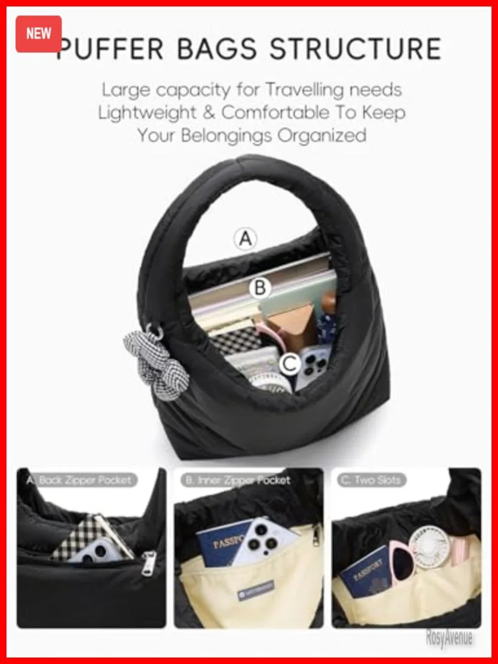 Puffer Hobo Shoulder Bag Medium Laptop Tote with Charm